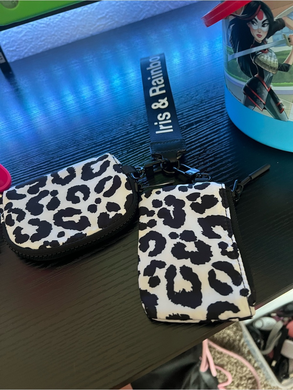 Iris & Rainbow Black and White Leopard Wristlet Key Pouch Set
